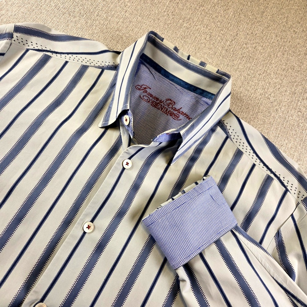 Tommy Bahama Blue Striped Long Sleeve Shirt Men's L Button Up Flip Cuffs
